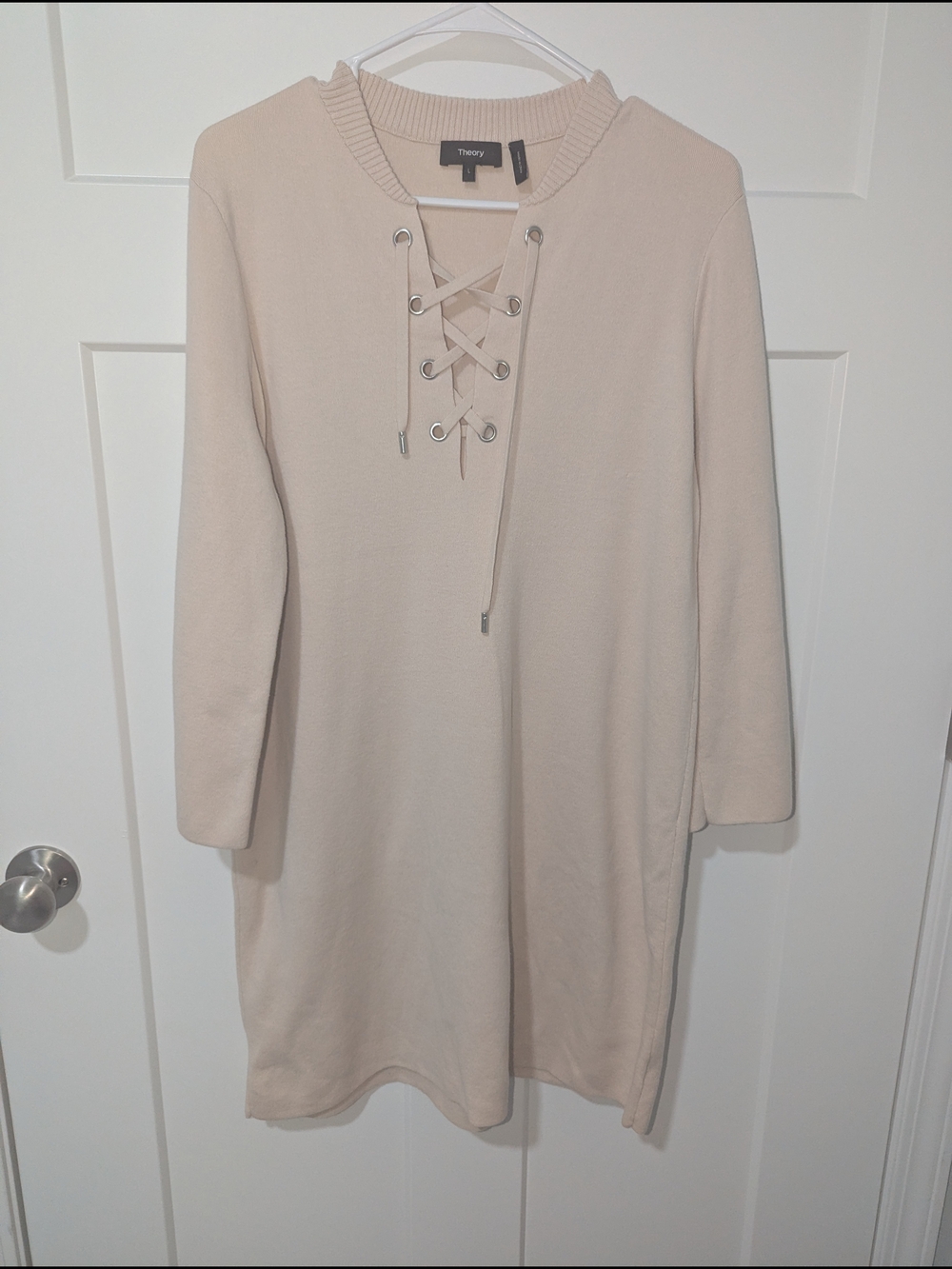 Theory Lace-Up Midi Dress in Light Beige